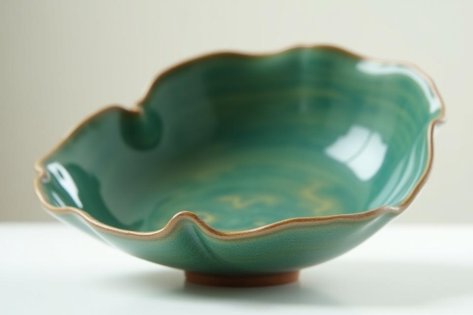 深い緑色の織部釉がかかり、大胆な模様が施された器