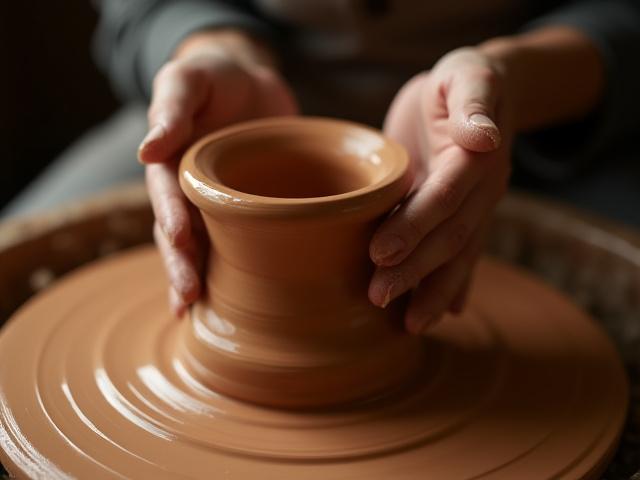 Potter's fingers gently opening the center of a clay form on a spinning wheel, then pulling the walls upward to create a vessel.