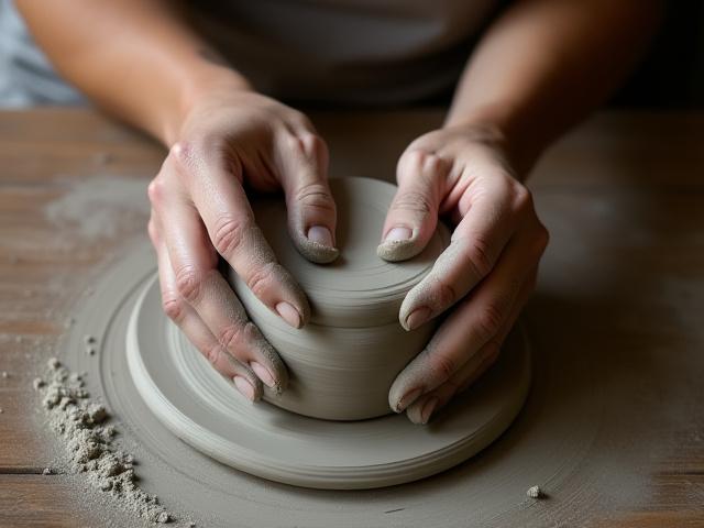 Hands performing wedging technique on a lump of clay on a wooden surface, removing air bubbles before pottery.