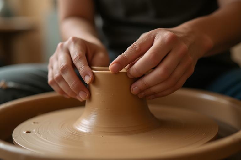 ろくろで陶器を作る手、自然な歪みを受け入れた形